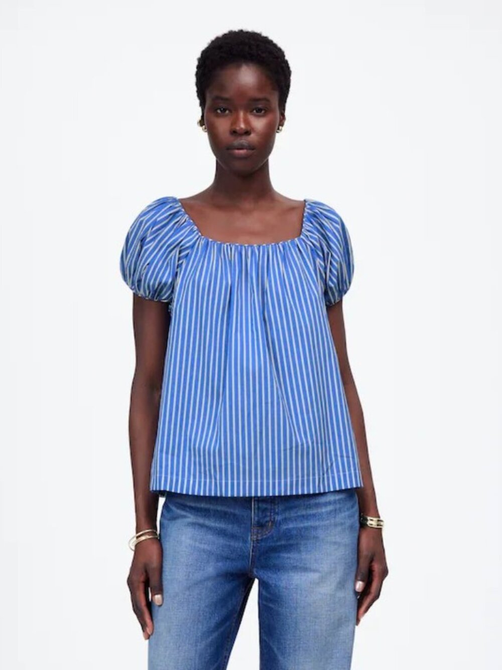 Madewell Square-Neck Puff-Sleeve Shirt in Stripe 2 NWT NU927